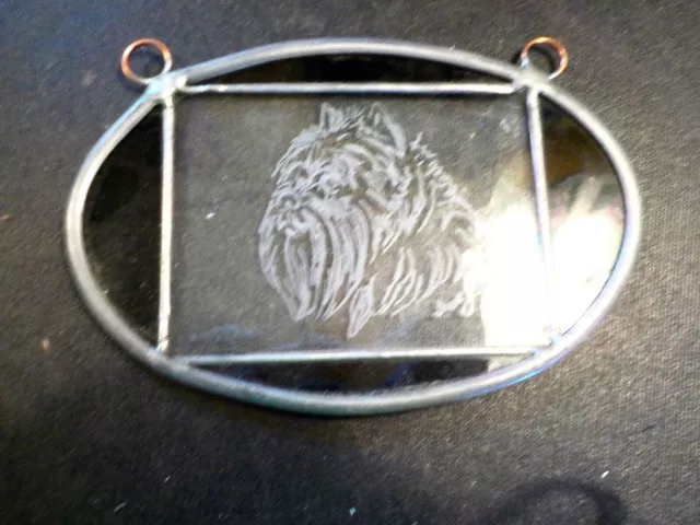 Affenpischer   hand cut and signed stained glass bordered glass panel