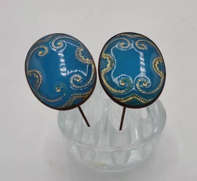 Pair Vtg Ornate Brass Gold Hair Pin Hat Stick Victorian Azure Blue Art Deco 4"