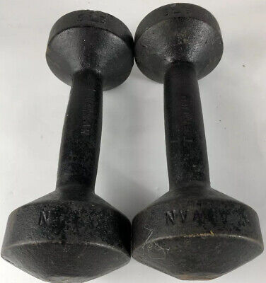 Pair Vintage Cast Iron 2 X 5LB Dumbbells Globe Bun Style Ends Made In Taiwan