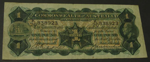 Australian 1927 £1 Riddle Heathershaw, K20 838923, Renniks 26, Fine.