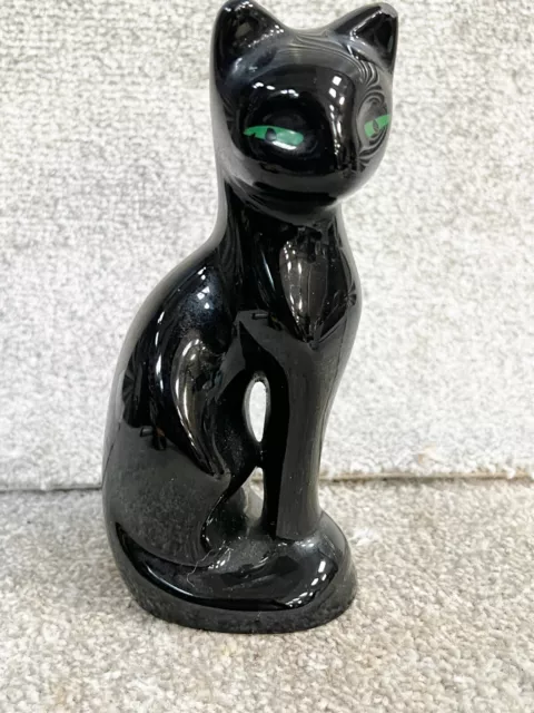 Vintage Ceramic Pottery Black Cat Ornament Home Decor Mcm Mid Century Green Eyes