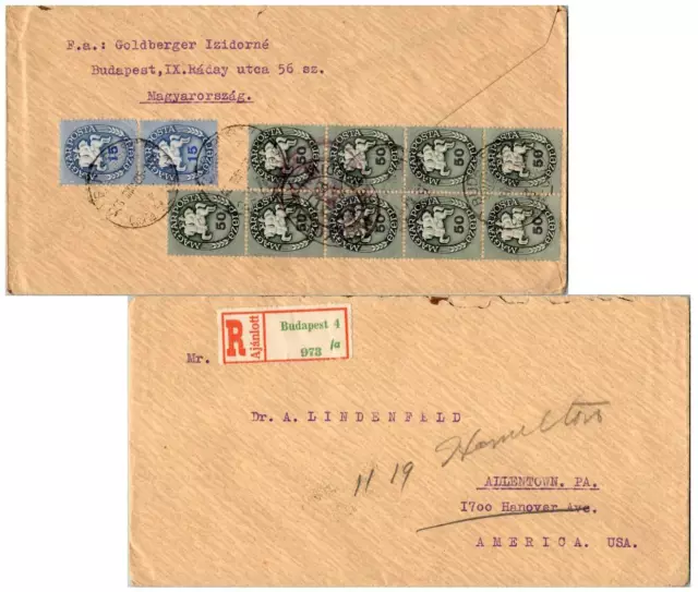 Hungary 15ez (2) and 50ez (9) Postrider 1946 Budapest Registered to Allentown, P