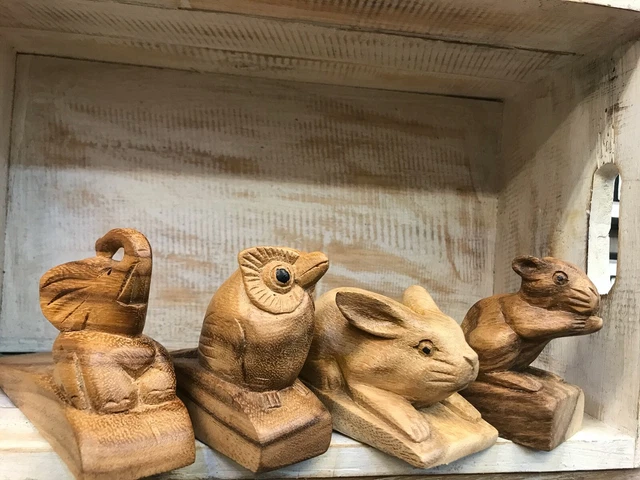 Handgeschnitzt Holztier Türstopper Elefant Kaninchen Eule Katze Schildkröte Schlange Schwein
