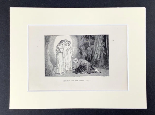 1859 Antique Gravure Abraham Et Anges Angélique Vision Livre De Genesis Bible