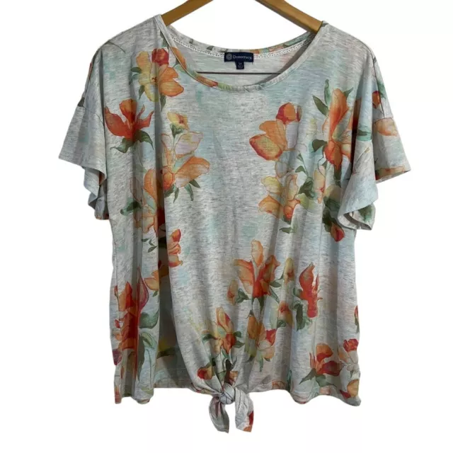 Democracy Floral Blouse 1X Front Hem Knot Tropical Short Sleeve Pullover Top