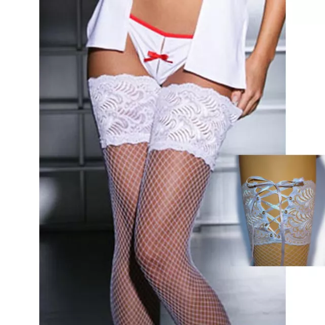 Plus Size Fishnet Stockings Thigh High Wide Lace Top back Lace-up WHITE OR BLACK