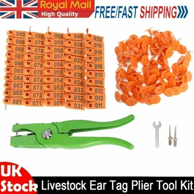 Livestock Ear Tag Plier & 100x Orange Ear Tags for Pig Sheep Cow Puncher Mark UK