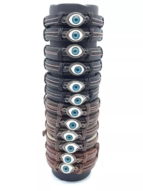 Evil Eye Protection Charms Genuine Black/Brown Leather Bracelet 12 pieces