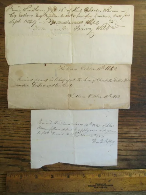 Antique Vintage Ephemera 1800s Windham CT Receipt Document Lot WARNER Family