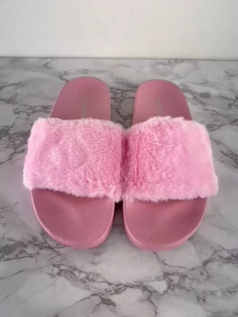 Steve Madden Womens Softey Faux Fur Open Toe Casual Slide, Pink Size10