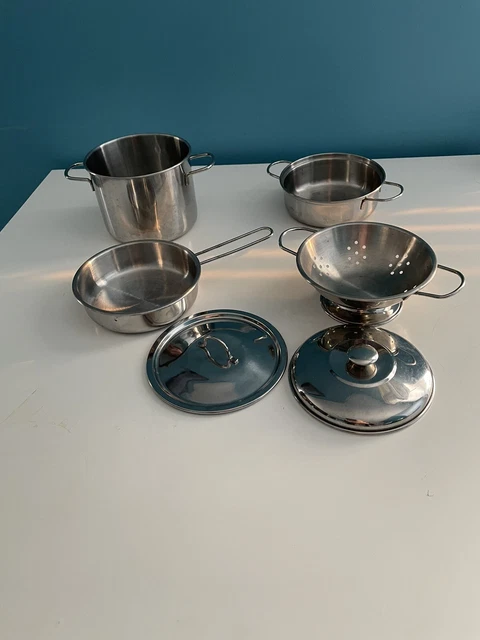 Six Piece Vintage Metal Play Kitchen Pots And Pans Set EUC Six Piece Vintage Metal Play Kitchen Pots And Pans Set EUC