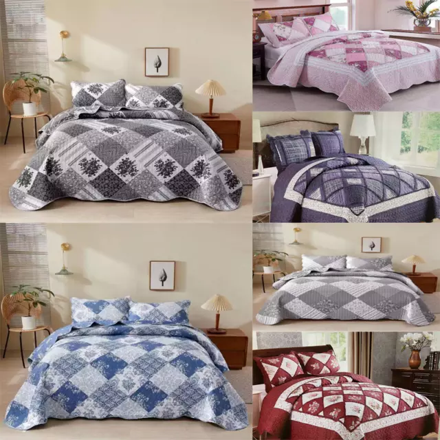 Patchwork 3 Piece Quilted Printed  Bedspread Comforter bed Throw and Pillow Sham