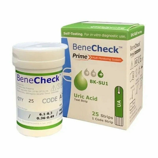 3x Box BENECHECK Prime Uric Acid Test Strips contains 1 Box @ 25 Strips