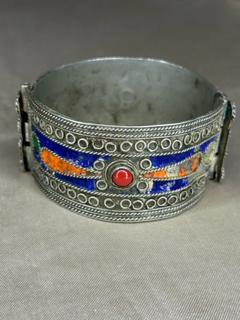 Antique Berber Silver Bracelet - Victorian Coral Enamel Bangle, Rare Jewelry