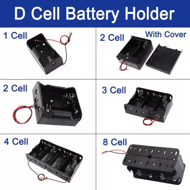 D Cell Battery Holder Case 1 2 3 4 8 x Black Plastic Cell Enclosed Box With Wire