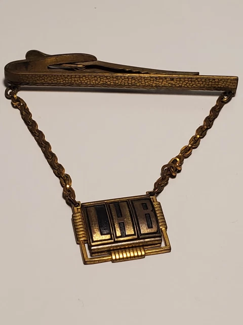 Vintage Monogram LHB Initials HICKOK Men's Chain Tie Bar Clasp Gold Tone