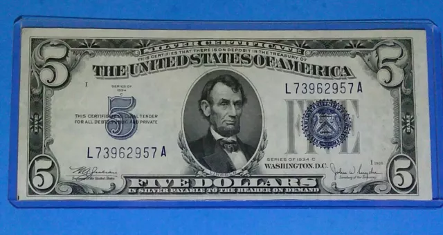 *1934-C ! $5 Silver Certificate! VF. CIRC.! OLD US CURRENCY!