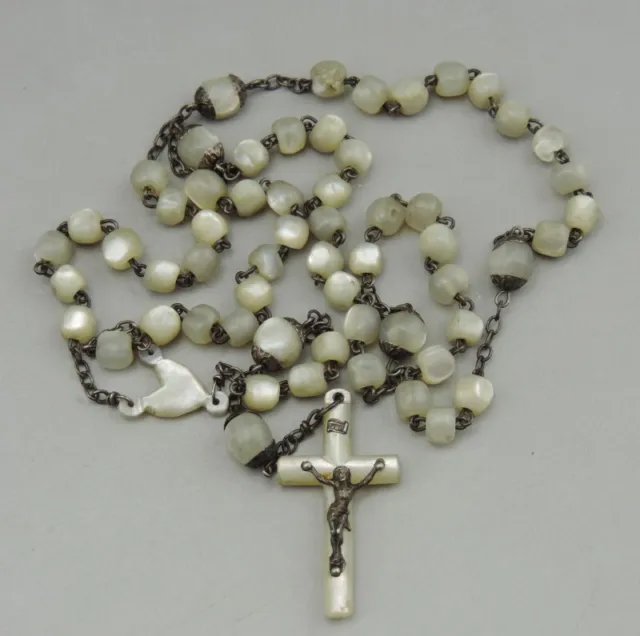 Ancienne Chapelet rosaire en argent et nacre 19e siècle silver rosary Croix