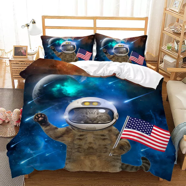 Astronaut Space Cat Wonder Planet Universe Blue Doona Duvet Quilt Cover Bed Set 3