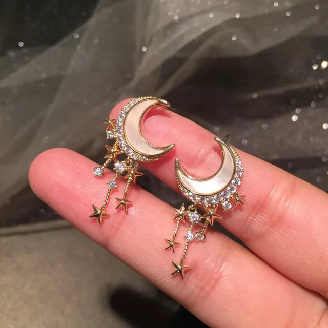 Hot Silver Star Moon Crystal Zircon Stud Earrings Drop Dangle Women Jewelry Gift