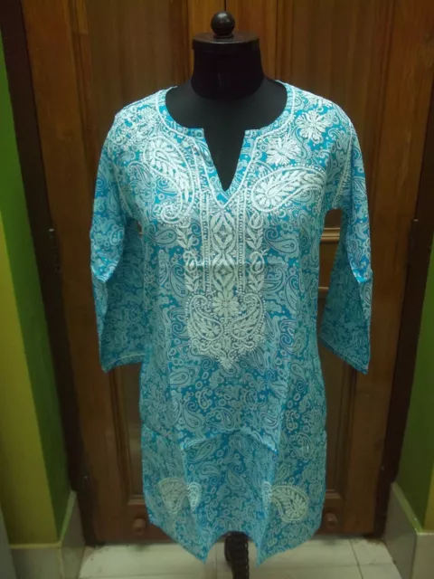 M 40" 100% Cotton Ethnic Chikan Embroidery Handmade Top Kurta Kurti Shirt Tunic