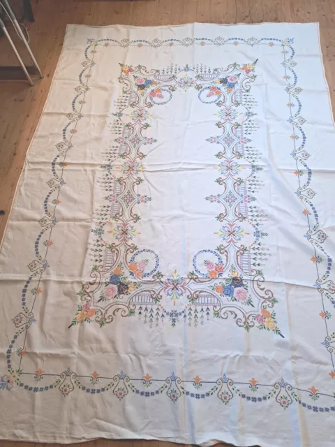 XXL antik Tischdecke Tafeltuch Leinen Damast weiß 247x175cm Handarbeit