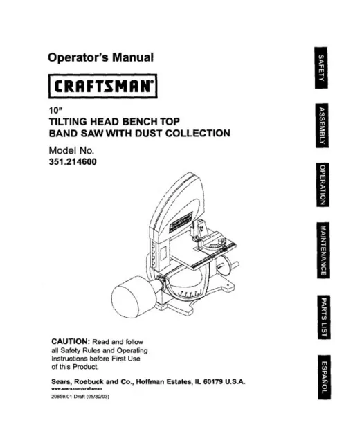 Owner's Manual & Parts List  Sears Craftsman 10" Band Saw - Model 351.214600
