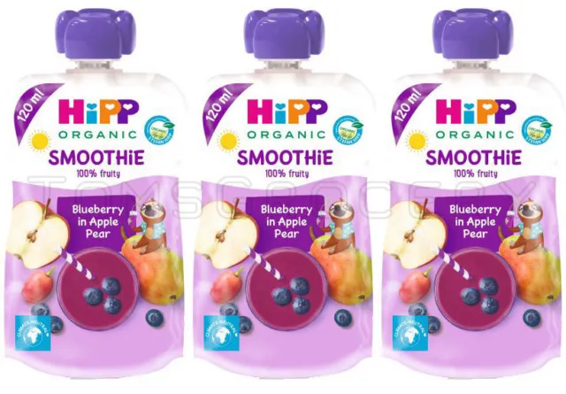 3 HIPP Organic Blueberry in Apple Pear Smoothie Dessert from 1 Year 120ml 4oz