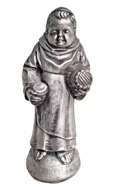 Gipsfigur - Mönch mit Bierkrug und Bierfass, silberfarben patiniert, Statue 19cm