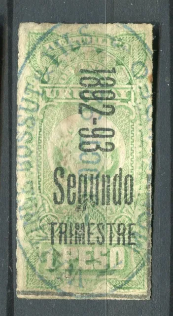 URUGUAY; 1890s early classic Optd. Revenue issue fine used 1P. value
