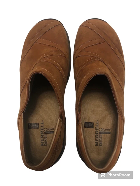 Women’s Merrell 10 Moc Q Form Ortholite Leather Slip On Shoes Air Cushion Brown