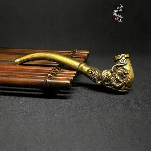 Handmade Carving Dragon Phoenix Brass Metal Smoking Pipe Chamber Tobacco Herb.