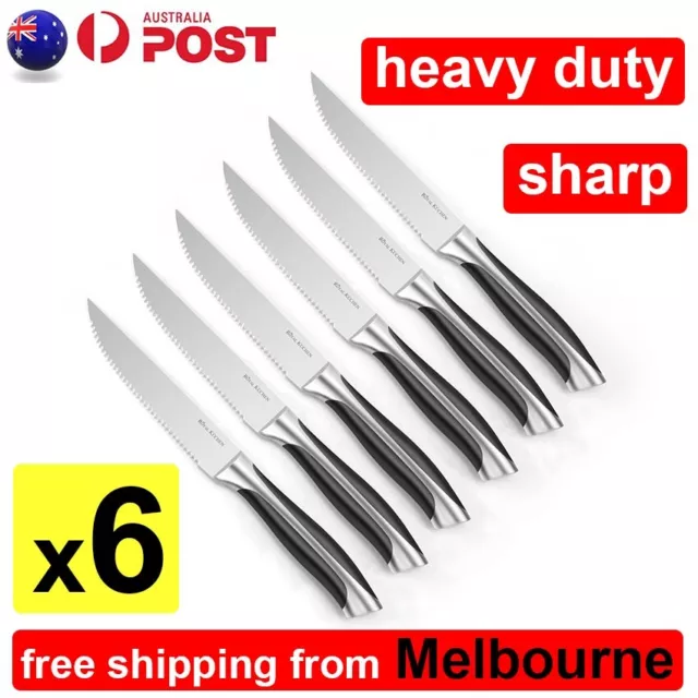 6pcs Stainless Steel Steak Knife Set Serrated Blade Knives Cutlery Solid Handle