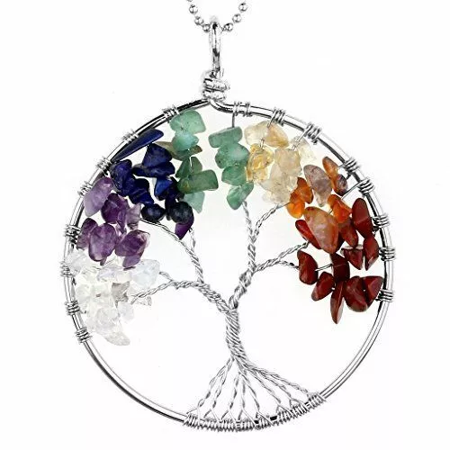 7 Chakra Gemstone Silver Pendant Tree of Life Necklace Natural  Stone Ideal Gift