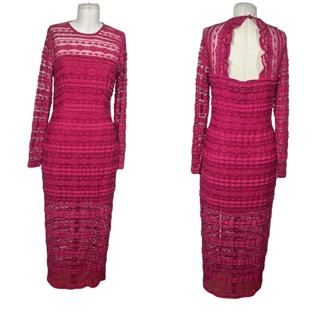 NWT Saylor Suzie Long Sleeve Lace Sheath Midi Dress Fuchsia Pink Size Medium