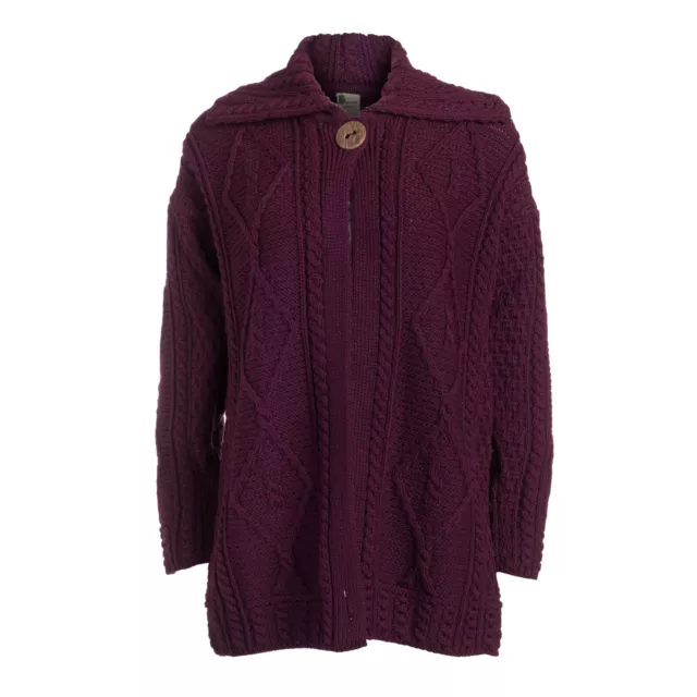 Merino Wool Cardigan Irish Aran Cable Knit Single Button Boyne Valley Magenta