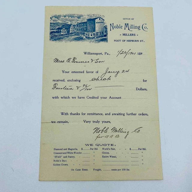 1901 Noble Milling Co. Millers Billhead Invoice Williamsport PA Hepburn St.  D3