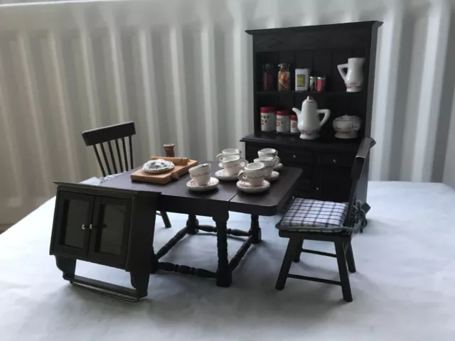 Dolls House dark wood kitchen set 1:12: dresser, table, chairs, accessories