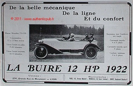 Publicite Automobile La Buire 12 Hp Torpedo 1922 Ad Car