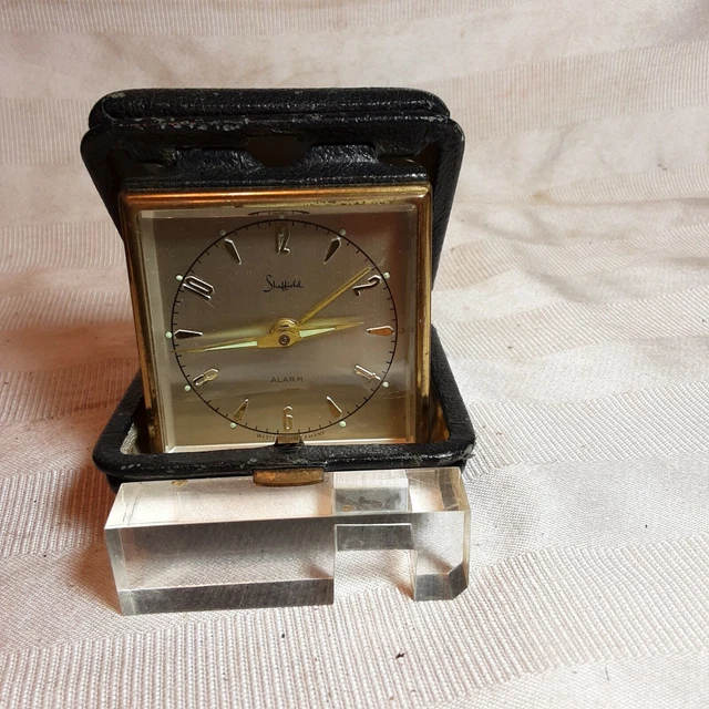 VINTAGE SHEFFIELD TRAVEL POCKET ALARM (WORKS) CLOCK GOLD w/ BROWN