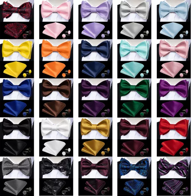 Men's Bow Tie Handkerchief Cufflinks Set Paisley Striped Self Bowtie for Wedding