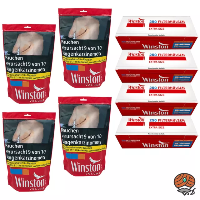 4x Winston Red/Rot Tabak Beutel à 113g Volumentabak + 1000 Extra Filterhülsen