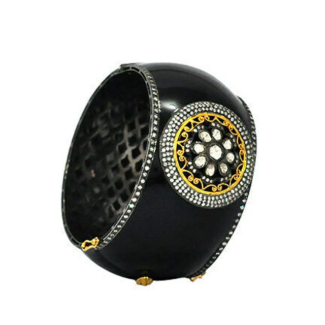 Natural Rosecut Diamond Polki 925 Sterling Silver Wedding Enamel Bangle