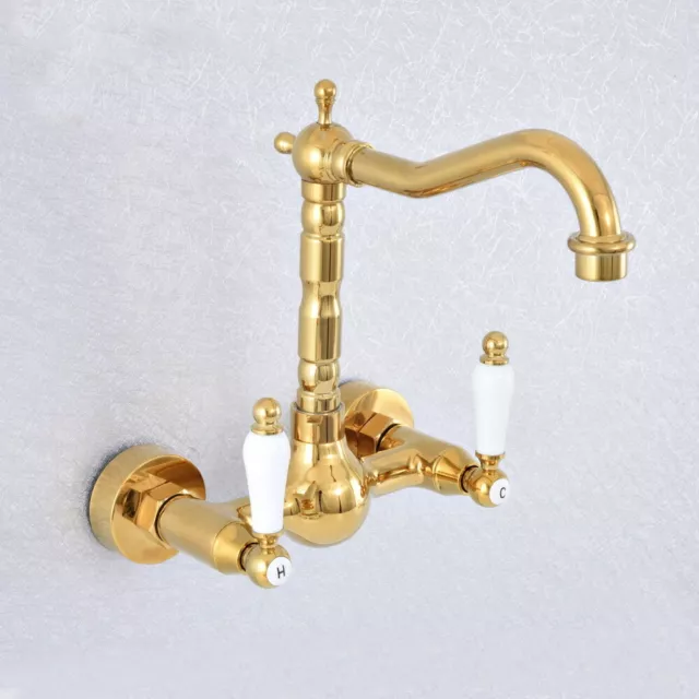 Gold Color Brass Wall Mounted Bathroom Vessel Sink Tap Faucet Tub Mixer Tap