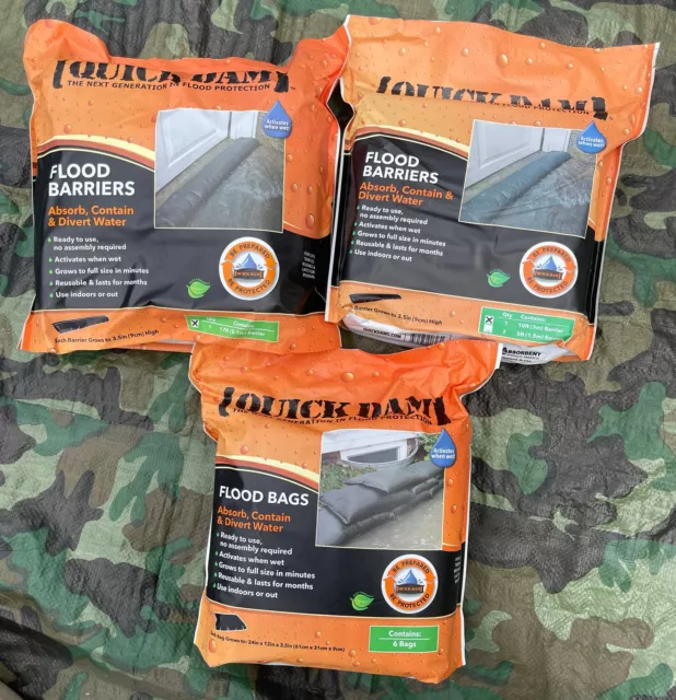 Bundle Lot of Quick Dam Flood Barriers 17ft & 10ft Long Bag & 24in x 12in 6 pack