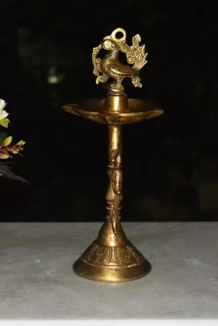 30.5cm Pure Laiton Samayee Huile Diya Traditionnel Paon Oiseau Sol Lampe HK38