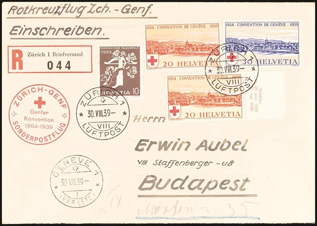 24436) Schweiz Luftpost Brief 1939 Zürich-Genf Sonderflugpost Genfer Konvention
