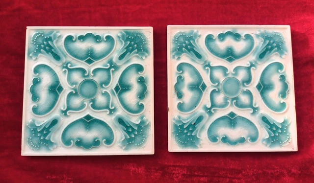 2 Piece Art Deco Flower Design Embossed Majolica Ceramic Tiles Japan 0290 2