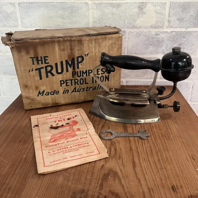 RARE Boxed example of the “ TRUMP ” pumpless petrol iron BRISBANE MADE