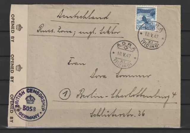 Schweiz Brief von Agra nach Berlin-Charlottenburg, Zensur 1947 #1090263